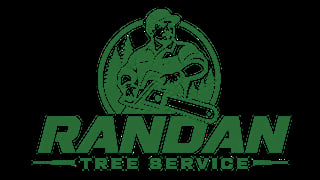 Randan Tree Service logo featuring green text and a man with a chainsaw in a circular emblem