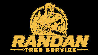 Randan Tree Service logo with yellow text and an illustration of a worker holding a chainsaw in a circular emblem