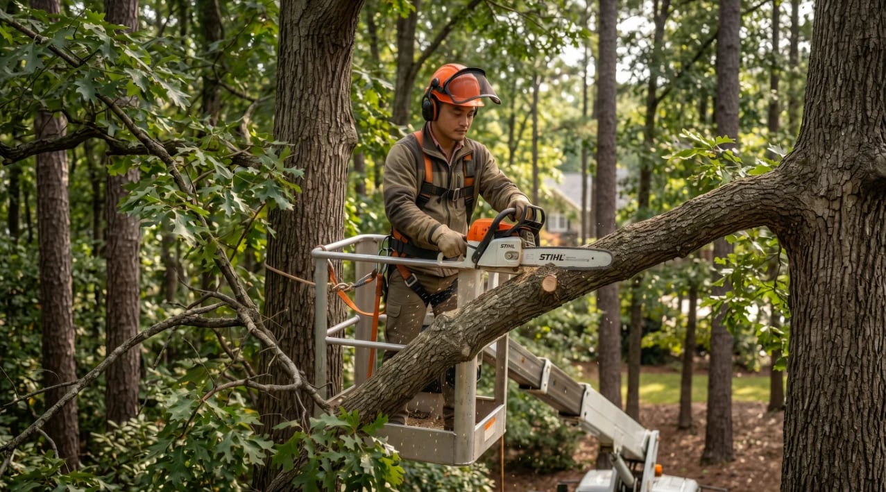 Man in safety gear trimming a large tree branch with a chainsaw from an elevated platform in a wooded area.